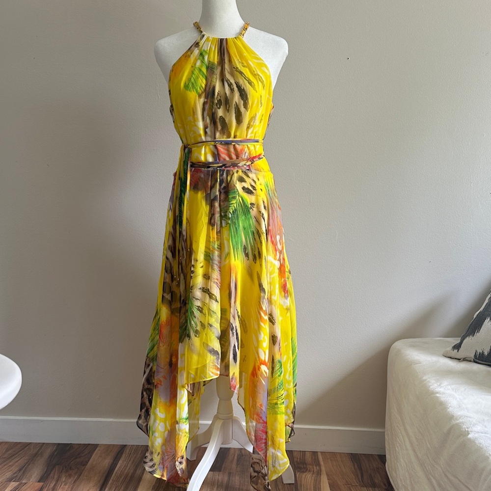 Cache Yellow Tropical Handkerchief Hem Dress